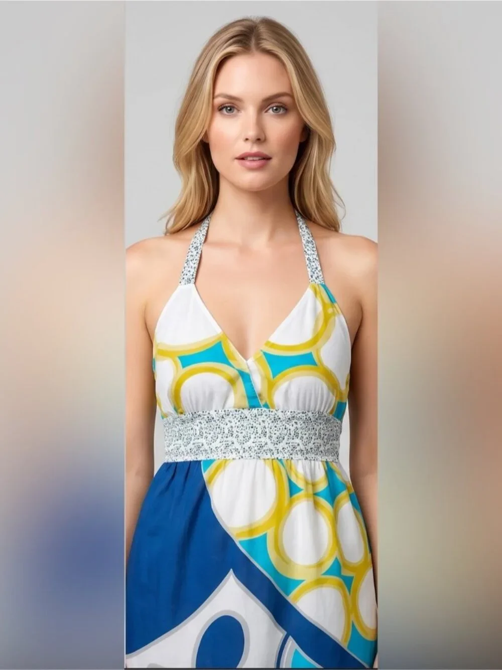 ROXY Geometric Abstract Halter Dress Crochet Lace Trim Ruffle Blue Yellow - Picture 2 of 8
